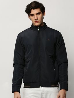 SHOWOFF - Men Solid Mock Collar Navy Blue Bomber Jacket