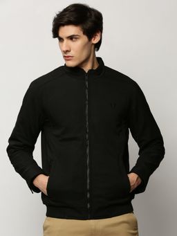 SHOWOFFFF - Men Solid Mock Collar Black Bomber Jacket
