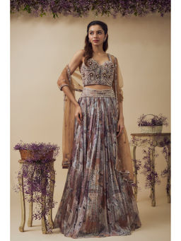 Vana Ethnics - Beige Lurex Chiffon Digital Printed Gathered Lehenga Choli with Dupatta