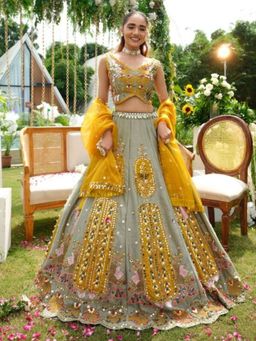 Odette - Grey Silk Blend Embellished Semi Stitched Lehenga and Choli with Dupatta