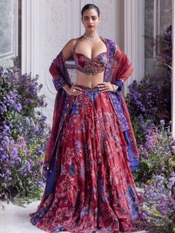 Odette - Red Silk Blend Embellished Semi Stitched Lehenga and Choli with Dupatta