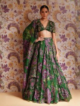 Odette - Green Georgette Embellished Semi Stitched Lehenga and Choli with Dupatta