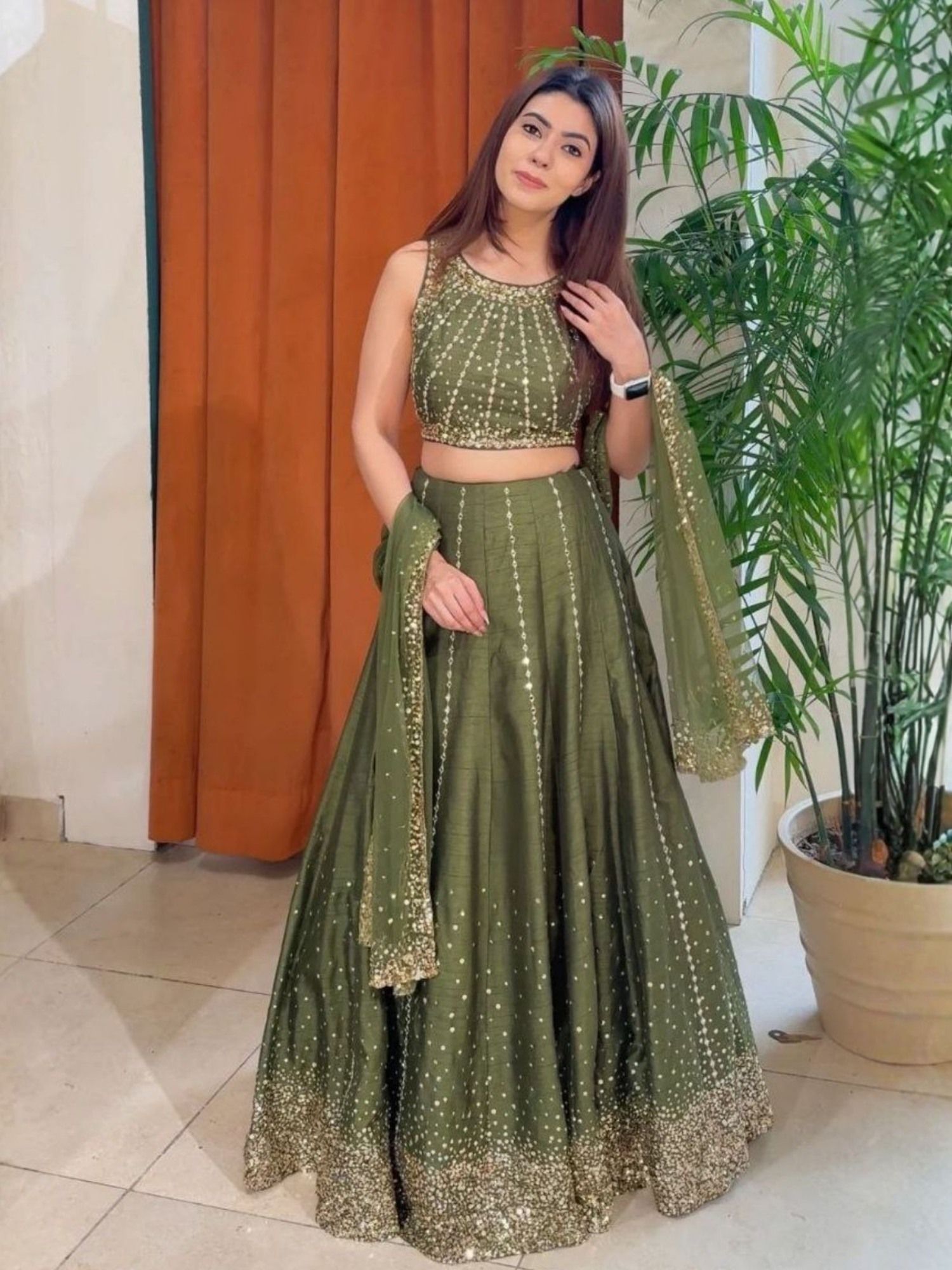 Olive Green Silk Blend Embellished Semi Stitched Lehenga and Choli with Dupatta-image-7