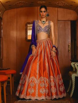 Odette - Orange Silk Blend Embellished Semi Stitched Lehenga and Choli with Dupatta