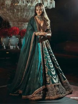 Odette - Green Satin Embellished Semi Stitched Lehenga and Choli with Dupatta