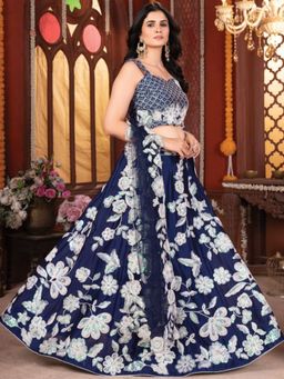Odette - Navy Blue Silk Blend Embellished Semi Stitched Lehenga and Choli with Dupatta