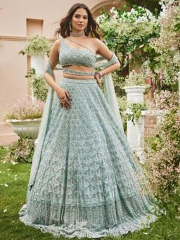 Odette - Light Blue Net Embellished Semi Stitched Lehenga and Choli with Dupatta