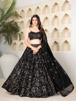 Odette - Black Georgette Embellished Semi Stitched Lehenga and Choli with Dupatta