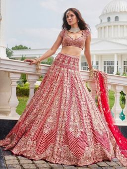 Odette - Red Georgette Embellished Semi Stitched Lehenga and Choli with Dupatta