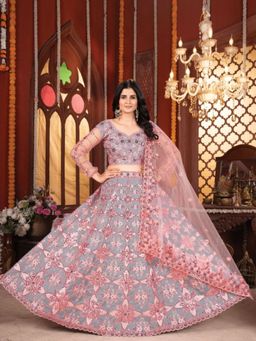 Odette - Grey and Peach Silk Blend Embellished Semi Stitched Lehenga and Choli with Dupatta