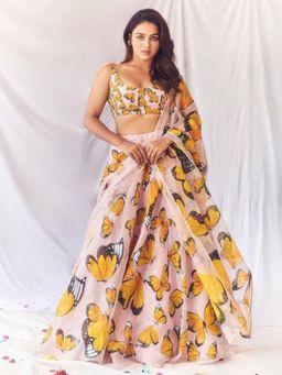 Odette - Light Pink Georgette Butter Fly Print Semi Stitched Lehenga and Choli with Dupatta