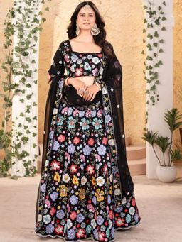 Odette - Black Georgette Embroidered Semi Stitched Lehenga and Choli with Dupatta
