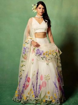 Odette - White Silk Blend Floral Print Semi Stitched Lehenga and Choli with Dupatta