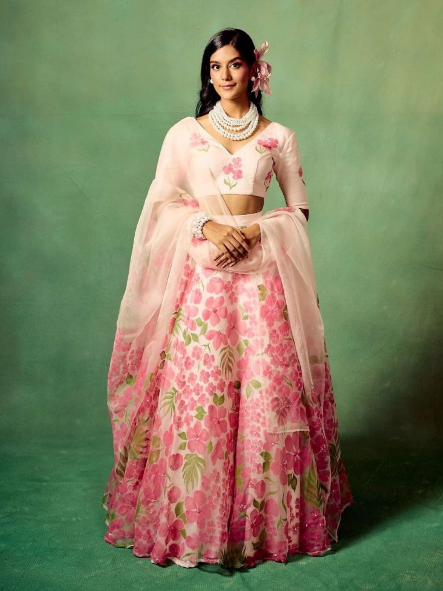odette White Silk Blend Floral Printed Semi Stitched Lehenga and Choli with Dupatta-picture-3