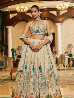 Odette - Off White Chinon Silk Embellished Semi Stitched Lehenga and Choli with Dupatta