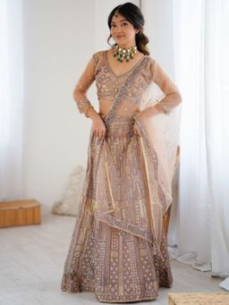 Odette - Beige Net Embellished Semi Stitched Lehenga and Choli with Dupatta