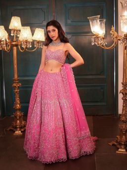 Odette - Pink Net Embellished Semi Stitched Lehenga and Choli with Dupatta
