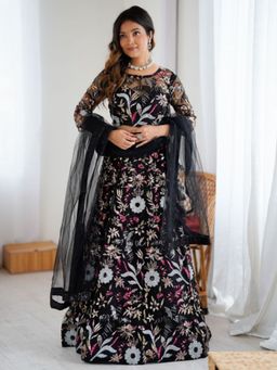 Odette - Black Net Embellished Semi Stitched Lehenga and Choli with Dupatta