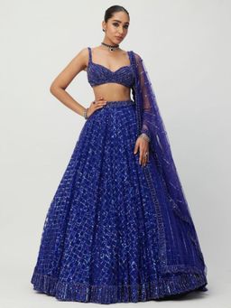 Odette - Royal Blue Net Embellished Semi Stitched Lehenga and Choli with Dupatta