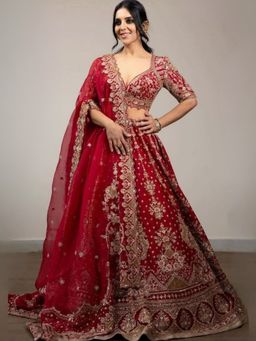 Odette - Red Satin Embellished Semi Stitched Lehenga and Choli with Dupatta