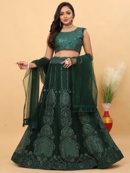 Odette - Dark Green Net Embellished Semi Stitched Lehenga and Choli with Dupatta