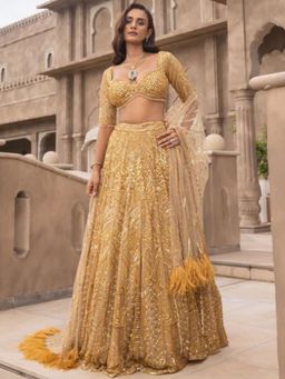 Odette - Gold Net Embellished Semi Stitched Lehenga and Choli with Dupatta