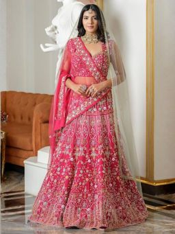 Odette - Pink Satin Embellished Semi Stitched Lehenga and Choli with Dupatta