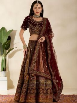 DESIGN ELEMENTS - Maroon Heavy Embroidered Silk Lehenga and Choli with Dupatta