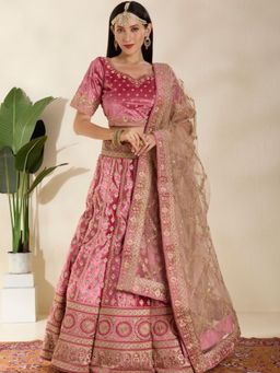 DESIGN ELEMENTS - Pink Heavy Embroidered Silk Lehenga and Choli with Dupatta