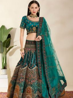 DESIGN ELEMENTS - Teal Heavy Embroidered Silk Lehenga and Choli with Dupatta