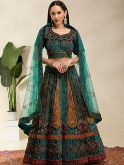 DESIGN ELEMENTS - Teal Heavy Embroidered Silk Lehenga and Choli with Dupatta