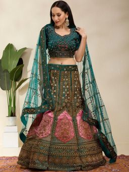 DESIGN ELEMENTS - Teal Heavy Embroidered Silk Lehenga and Choli with Dupatta