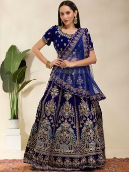DESIGN ELEMENTS - Navy Blue Heavy Embroidered Silk Lehenga and Choli with Dupatta