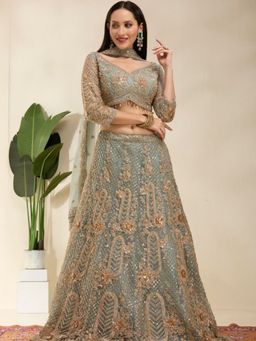 DESIGN ELEMENTS - Blue Heavy Embroidered Silk Lehenga and Choli with Dupatta