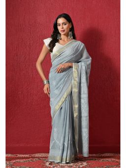FASHIONABLE CHIKAN HANDIKRAFT - Hand Embroidered Chikankari Cotton Saree with Unstitched Blouse-Grey