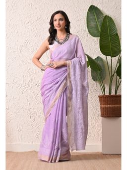FASHIONABLE CHIKAN HANDIKRAFT - Hand Embroidered Chikankari Saree with Unstitched Blouse-Lavender