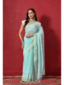 FASHIONABLE CHIKAN HANDIKRAFT - Hand Embroidered Chikankari Cotton Saree with Unstitched Blouse-Blue