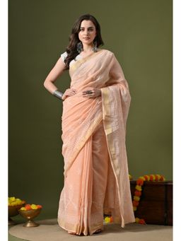 FASHIONABLE CHIKAN HANDIKRAFT - Hand Embroidered Chikankari Cotton Saree with Unstitched Blouse-Peach