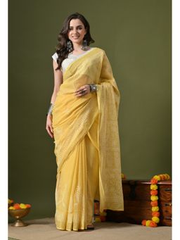 FASHIONABLE CHIKAN HANDIKRAFT - Hand Embroidered Chikankari Saree with Unstitched Blouse-Yellow