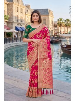 Monjolika Fashion - Rani Pink Banarasi Soft Silk Blend Zari Woven Saree with Unstitched Blouse