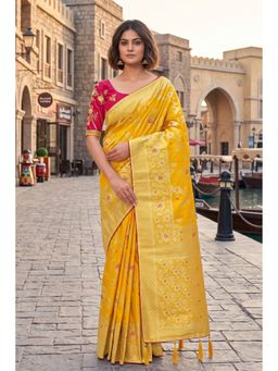 Monjolika Fashion - Yellow Banarasi Soft Silk Blend Zari Woven Saree with Unstitched Blouse