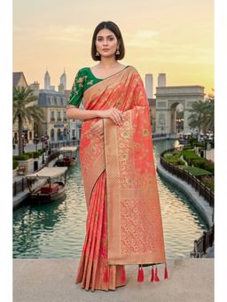Monjolika Fashion - Peach Banarasi Soft Silk Blend Zari Woven Saree with Unstitched Blouse