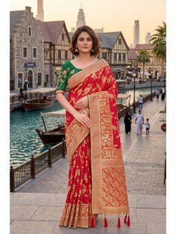Monjolika Fashion - Red Banarasi Soft Silk Blend Zari Woven Saree with Unstitched Blouse