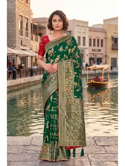 Monjolika Fashion - Dark Green Banarasi Soft Silk Blend Zari Woven Saree with Unstitched Blouse