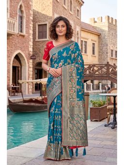 Monjolika Fashion - Turquoise Banarasi Soft Silk Blend Zari Woven Saree with Unstitched Blouse
