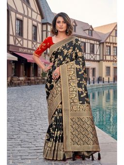 Monjolika Fashion - Black Banarasi Soft Silk Blend Zari Woven Saree with Unstitched Blouse