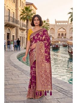Monjolika Fashion - Dark Magenta Banarasi Soft Silk Blend Zari Woven Saree with Unstitched Blouse
