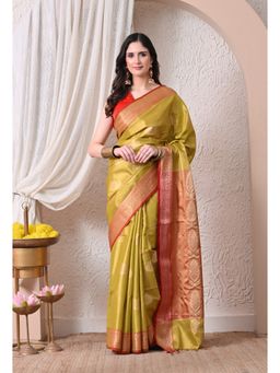 THE WEAVERS SHOP BY RAAVI - Elegant Olive Green Silk Blend Kanjivaram Saree with Unstitched Blouse