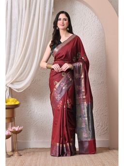 THE WEAVERS SHOP BY RAAVI - Maroon and Grey Silk Blend Floral Saree with Unstitched Blouse