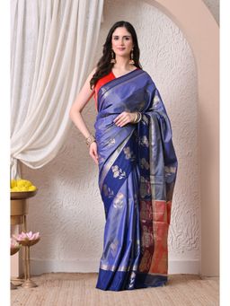 THE WEAVERS SHOP BY RAAVI - Regal Royal Blue Blend Floral Banarasi Saree with Unstitched Blouse